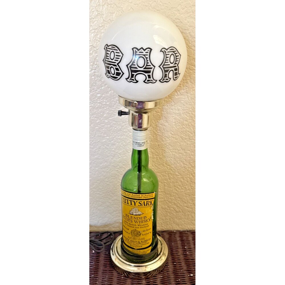 Vintage Cutty Sark Bottle Lamp BAR Globe Milk Glass Shade Brass Tone Table Lamp